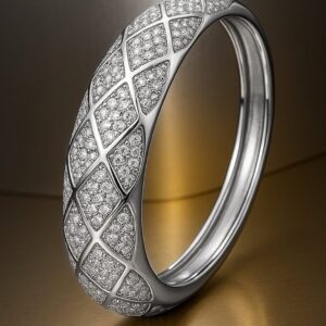 Rhodium-Plated Pave Diamond-Pattern Openable Bracelet with Cubic Zirconia Accents - Silver