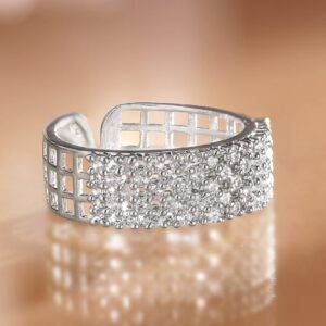 Rhodium Plated Cubic Zirconia Studded Grid Cut-Out Design Adjustable Ring - Silver