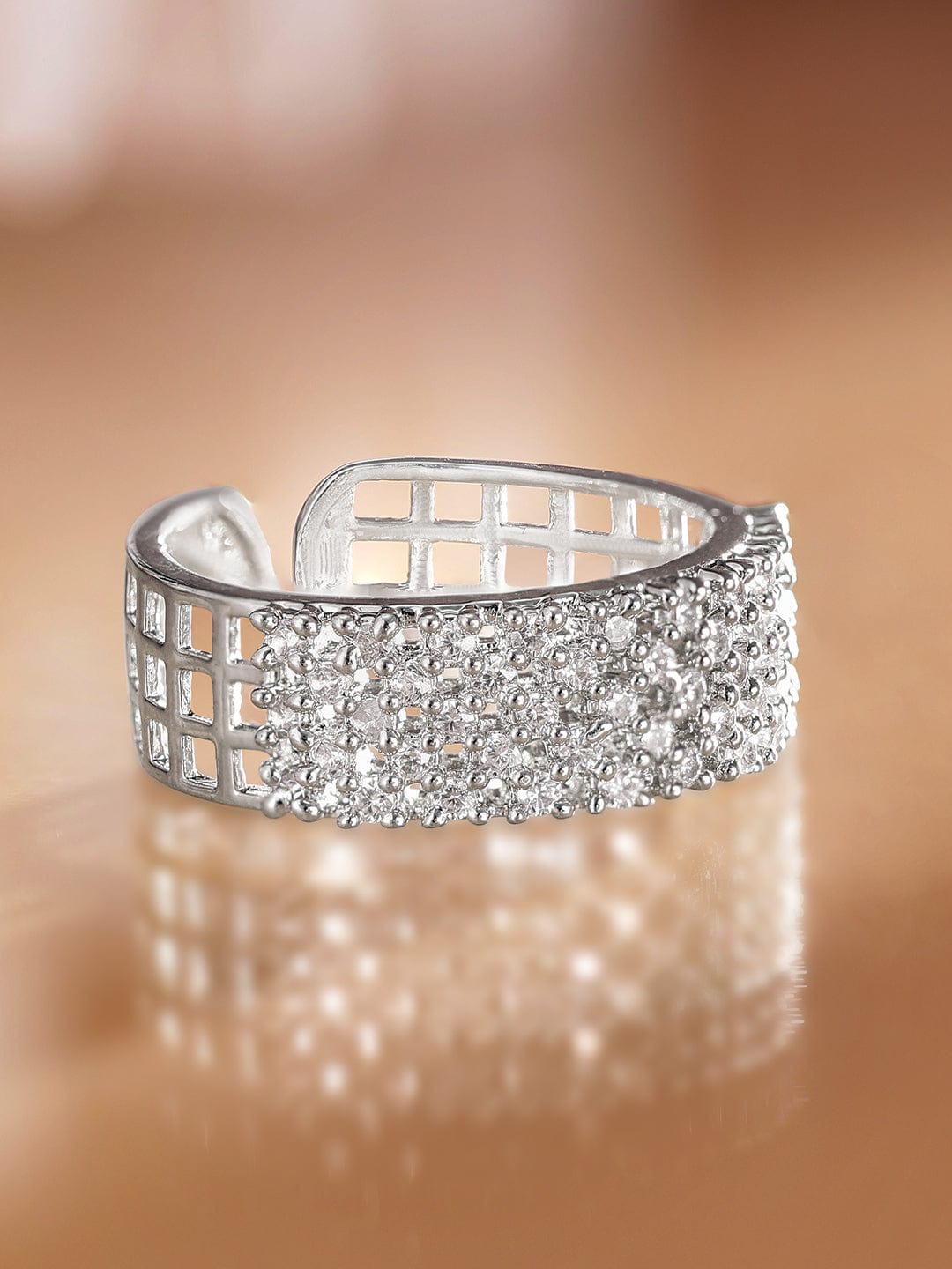 Rhodium Plated Cubic Zirconia Studded Grid Cut-Out Design Adjustable Ring - Silver