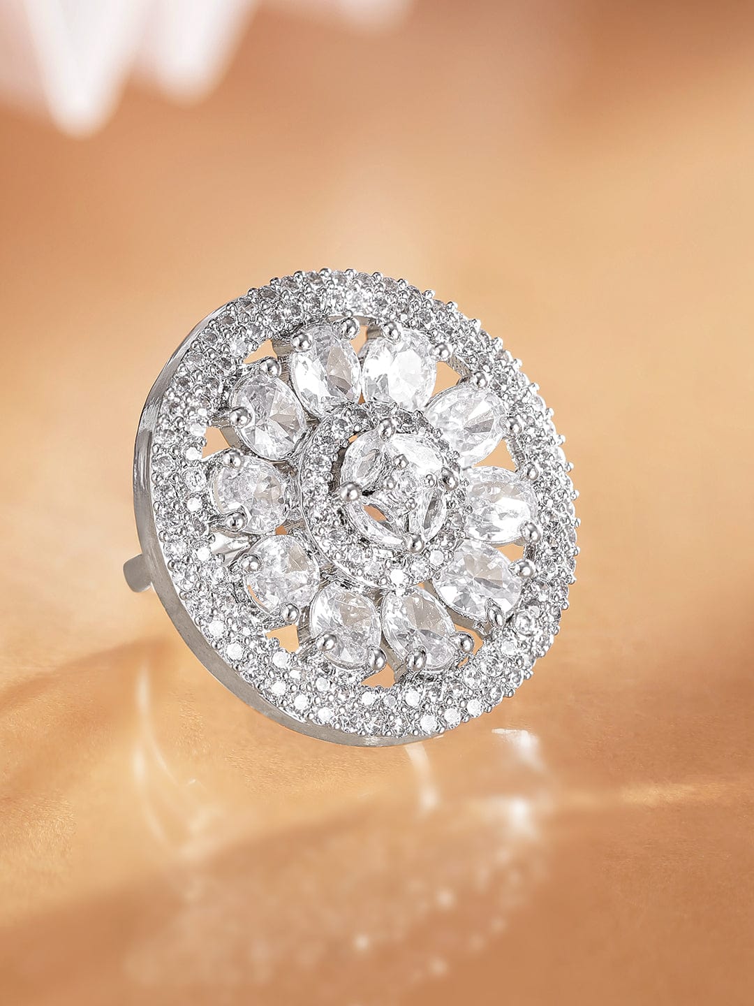 Rhodium plated Pave Zirconia studded Statement Ring - Silver