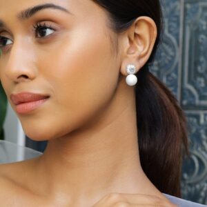 Rhodium-Plated Pearl Drop Earrings with Cubic Zirconia Accents