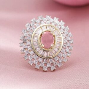Rhodium-Plated Pink AD & White Zirconia Studded Adjustable Ring