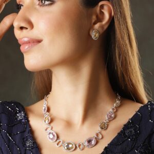 Rhodium Plated Pink & Golden Oval Cubic Zirconia Studded Statement Necklace Set - Silver