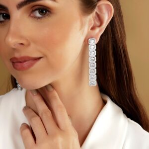 Rhodium Plated Premium Baguette Crystal Studded Dangle Earrings - Silver