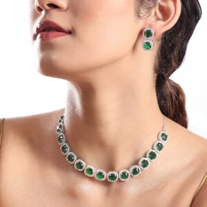 Rhodium Plated Premium White & Emerald Zircons Necklace Set. - Silver::Green
