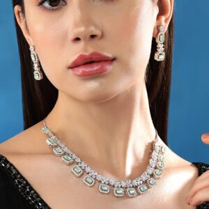 Rhodium-Plated Premium White & Mint Green Zircons Studded Patterned Statement Party Wear Jewellery Set - Silver::Mint Green