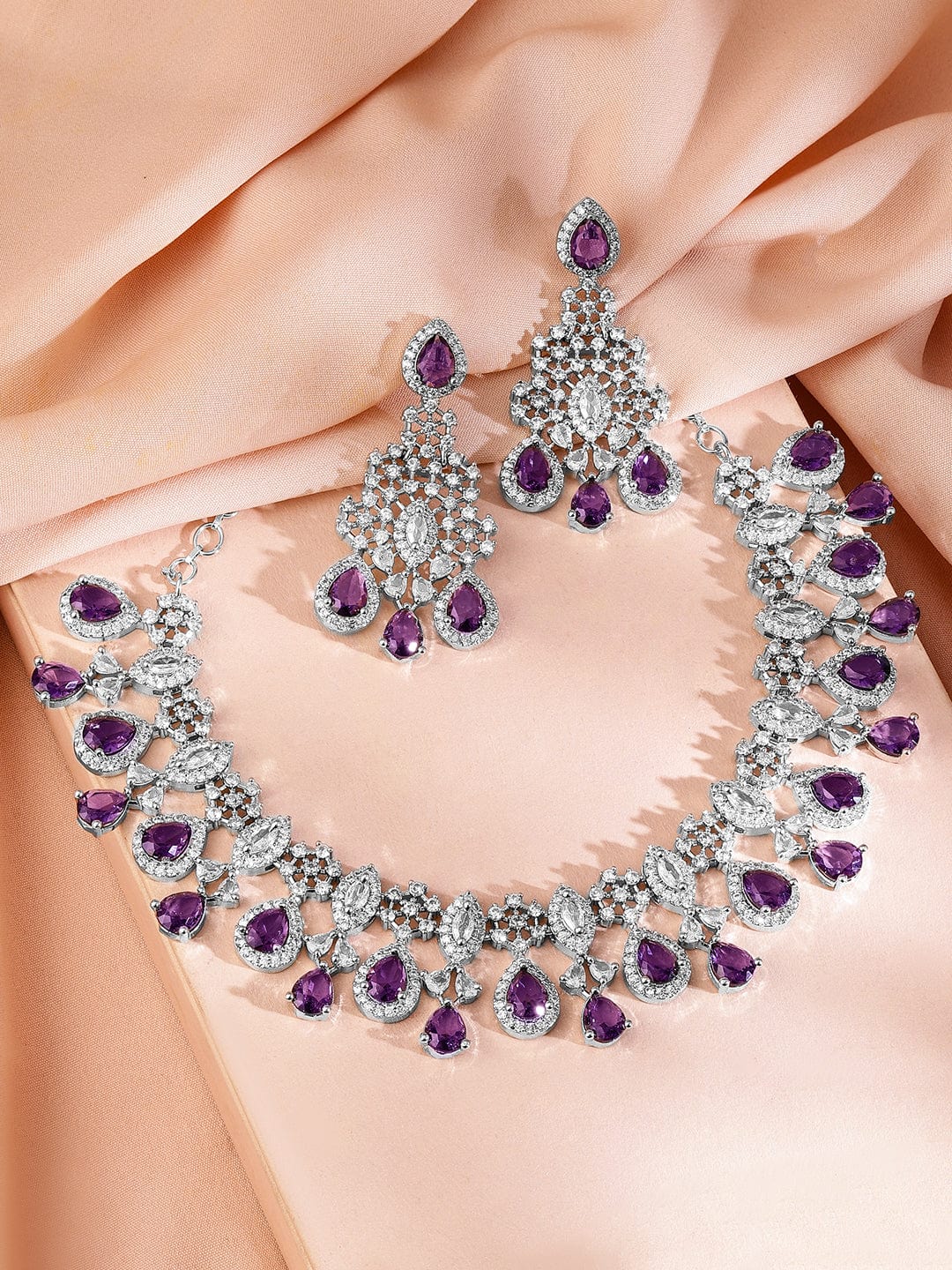 Rhodium-Plated Purple Sapphire & Cubic Zirconia Studded Premium Necklace Set