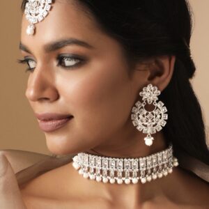 Rhodium Plated Reverse AD & Pearl beaded Choker Set - Silver