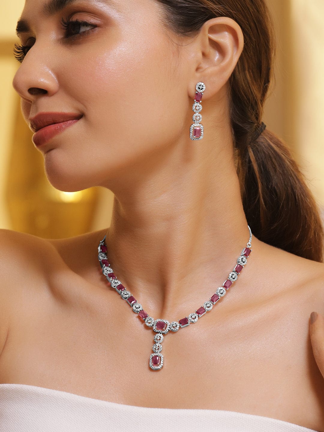 Rhodium Plated Ruby & Cubic Zicronia Studded Premium Drop Jewellery Set - Silver