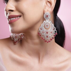 Rhodium-Plated Ruby Pink AD & White Cubic Zirconia Studded Premium Chandelier Earrings