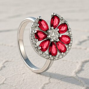 Rhodium-Plated Ruby Pink & Cubic Zirconia Studded Openable Floral Statement Ring - Ruby Pink