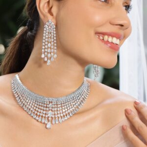 Rhodium-Plated White AAA Cubic Zirconia Studded Premium Choker Jewellery Set for Women - White