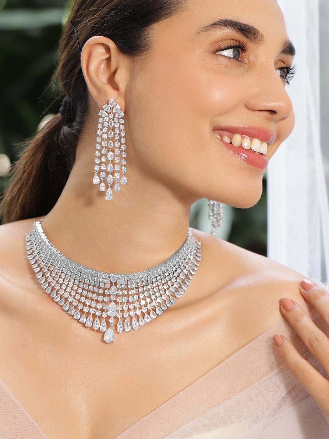 Rhodium-Plated White AAA Cubic Zirconia Studded Premium Choker Jewellery Set for Women - White