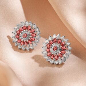 Rhodium-Plated Ruby Pink Stone & White Cubic Zirconia Studded Classic Floral Stud Earrings