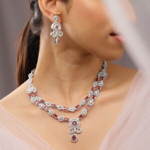Rhodium-Plated Ruby Pink & White Cubic Zirconia Double Layer Luxe Jewellery Set - Ruby Pink