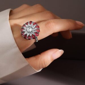 Rhodium-Plated Ruby Pink & White Cubic Zirconia Studded Floral Adjustable Ring - Ruby Pink