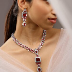 Rhodium-Plated Ruby Pink & White Cubic Zirconia Studded Luxe Jewellery Set - Ruby Pink