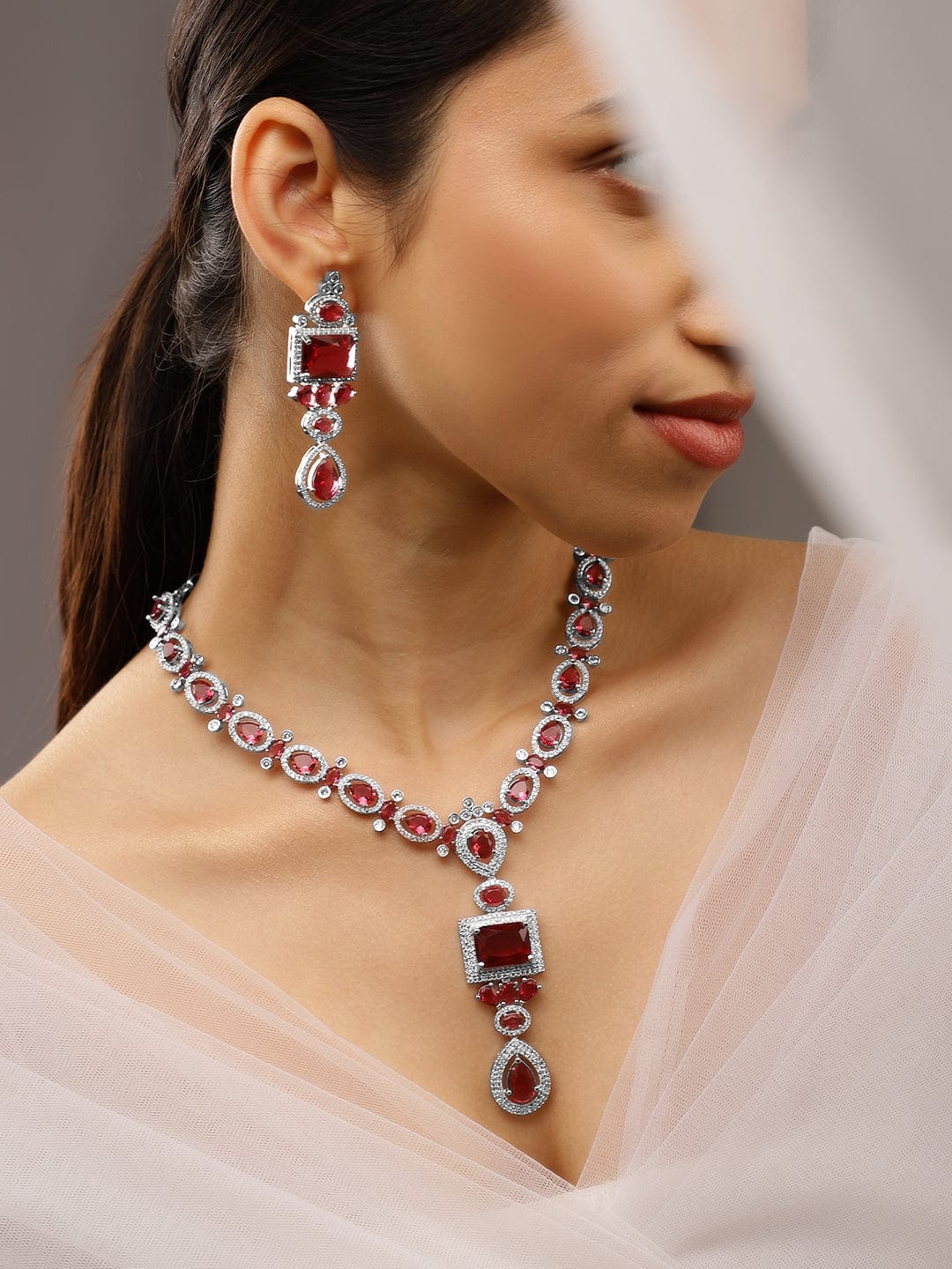 Rhodium-Plated Ruby Pink & White Cubic Zirconia Studded Luxe Jewellery Set - Ruby Pink