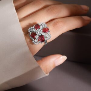 Rhodium-Plated Ruby Pink & White CubicZirconia Studded Floral Cross Adjustable Ring - Ruby Pink