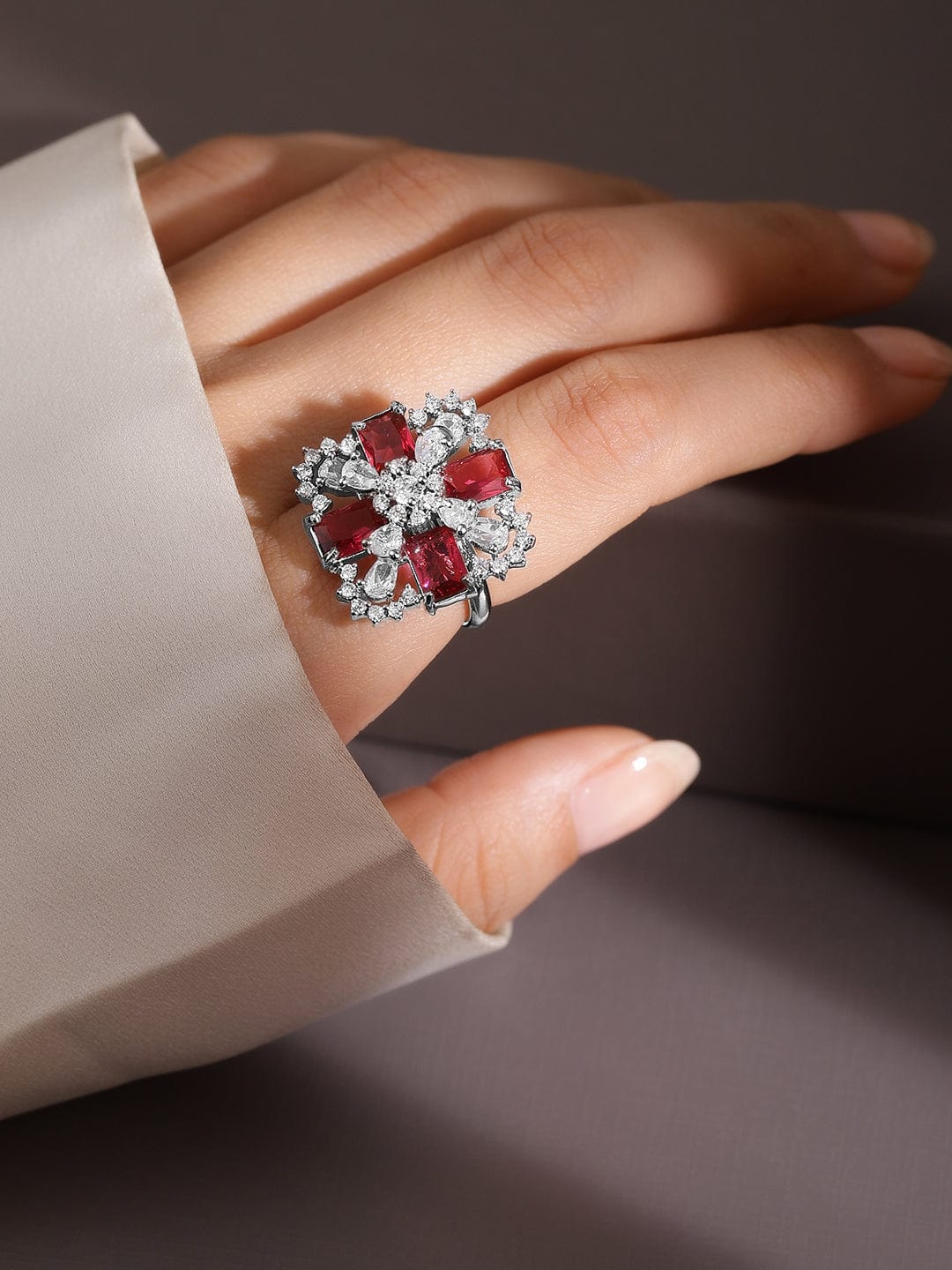 Rhodium-Plated Ruby Pink & White CubicZirconia Studded Floral Cross Adjustable Ring - Ruby Pink
