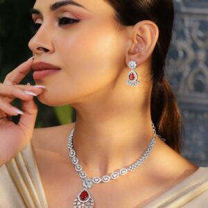 Rhodium-Plated Ruby Red AD & Cubic Zirconia Studded Necklace Set - Ruby Red