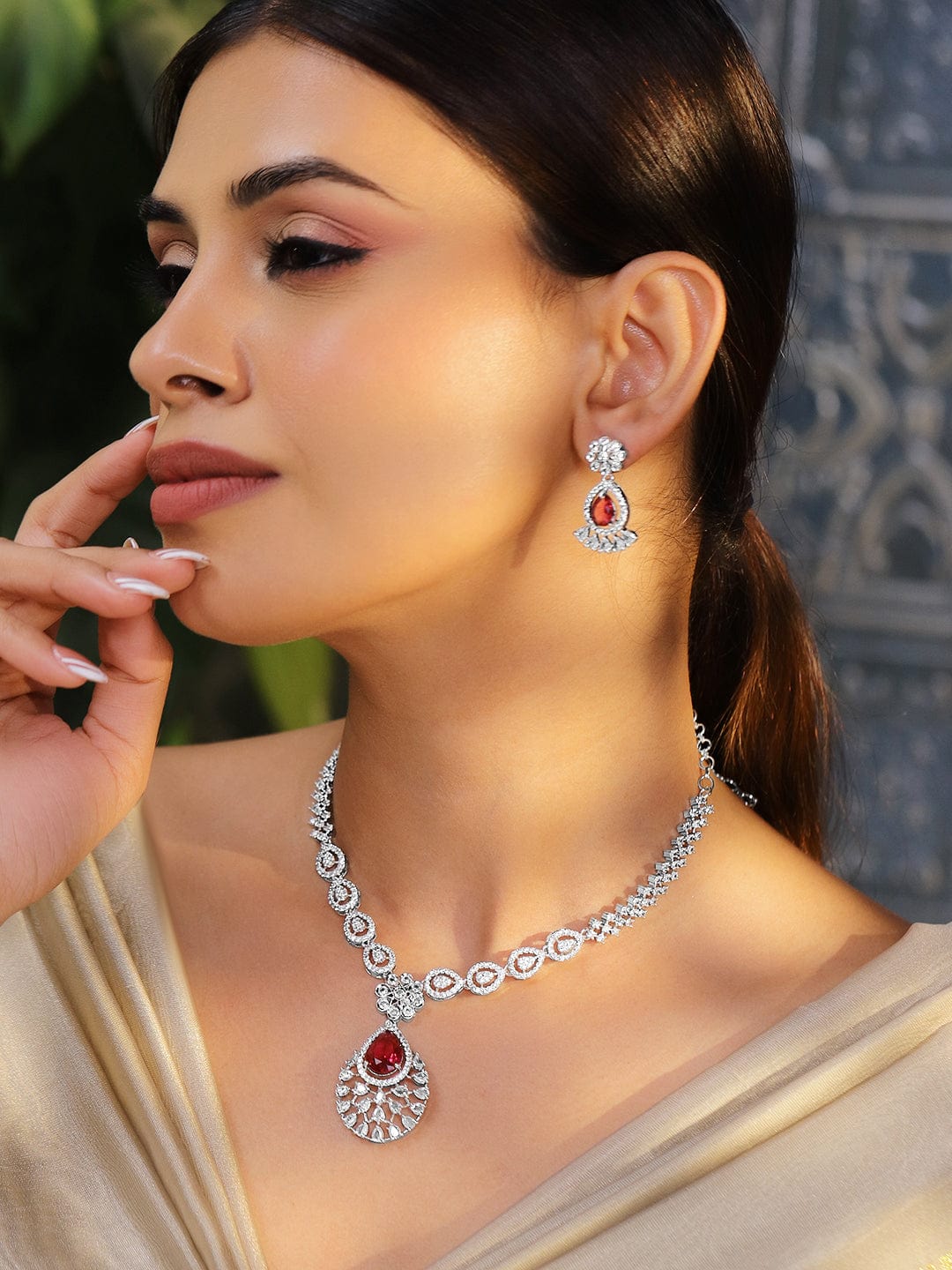 Rhodium-Plated Ruby Red AD & Cubic Zirconia Studded Necklace Set - Ruby Red