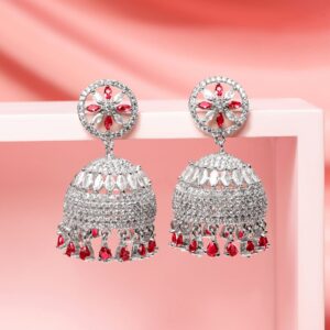 Rhodium-Plated Ruby Red AD Drop Beaded & Cubic Zirconia Studded Floral Jhumka Earrings