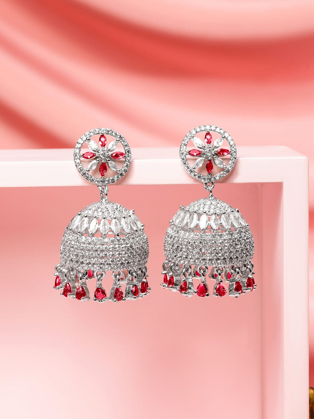 Rhodium-Plated Ruby Red AD Drop Beaded & Cubic Zirconia Studded Floral Jhumka Earrings