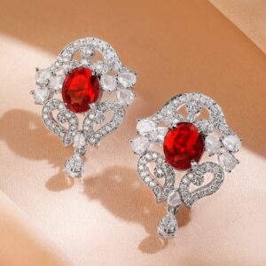 Rhodium-Plated Ruby Red Stone & White Cubic Zirconia Studded Classic Drop Earrings