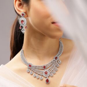 Rhodium-Plated Ruby Red & White Cubic Zirconia Studded Layered Choker Jewellery Set - Red