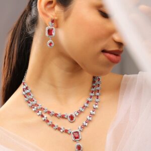 Rhodium-Plated Ruby Red & White Cubic Zirconia Studded Luxe Layered Necklace Set - Red