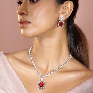 Rhodium-Plated Ruby Red & White Cubic Zirconia Studded Premium Statement Necklace Set - Red