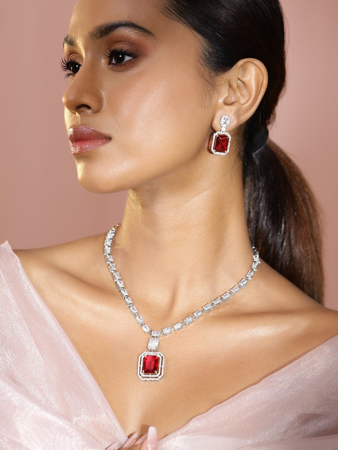 Rhodium-Plated Ruby Red & White Cubic Zirconia Studded Premium Statement Necklace Set - Red