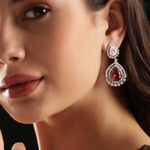 Rhodium Plated Ruby Red Zirconia Tear drop Chic Earring - Silver::Red