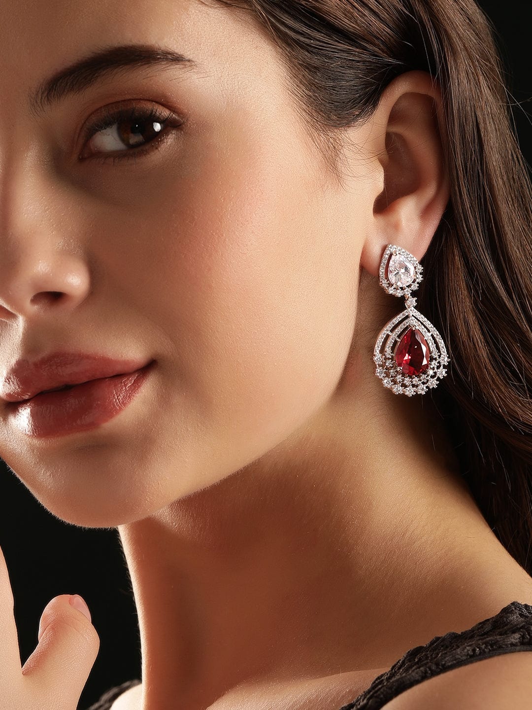Rhodium Plated Ruby Red Zirconia Tear drop Chic Earring - Silver::Red