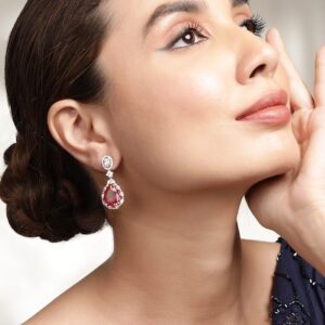 Rhodium Plated Ruby Studded Zirconia Embellished Teardrop Earrings - Red