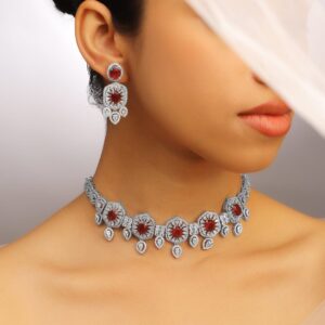 Rhodium-Plated Ruby & White Cubic Zirconia Studded Luxe Choker Jewelry Set - Ruby Red