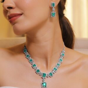 Rhodium Plated Sapphire & Cubic Zicronia Studded Premium Jewellery Set - Silver