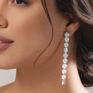 Rhodium Plated Silver Toned Cubic Zirconia Studded Contemporary Long Drop Earrings - Silver