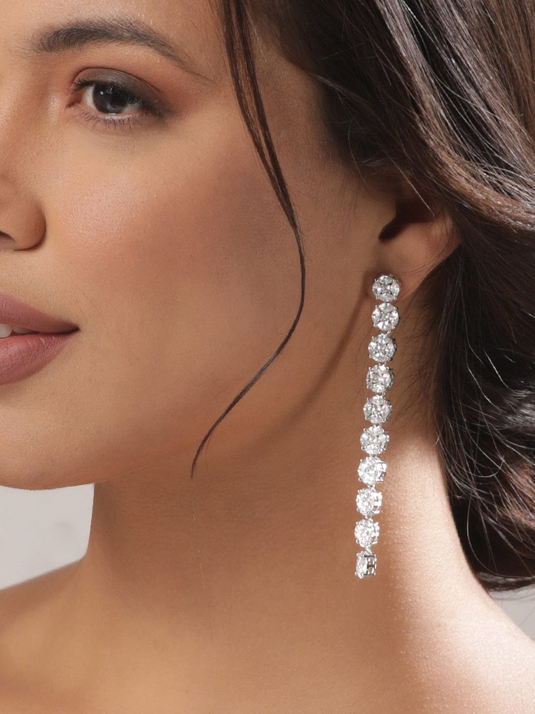 Rhodium Plated Silver Toned Cubic Zirconia Studded Contemporary Long Drop Earrings - Silver