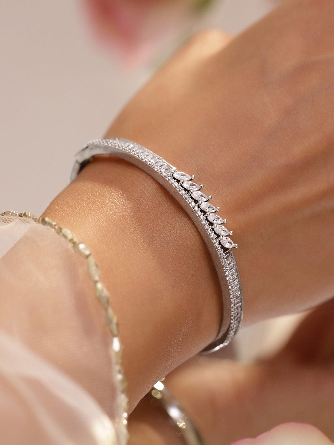 Rhodium-Plated Sleek Linear Bracelet with Marquise & Baguette Cubic Zirconia Accents