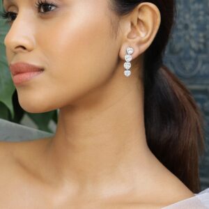 Rhodium-Plated Sparkling Cubic Zirconia Studded Heart-Shaped Premium Drop Earrings - Silver