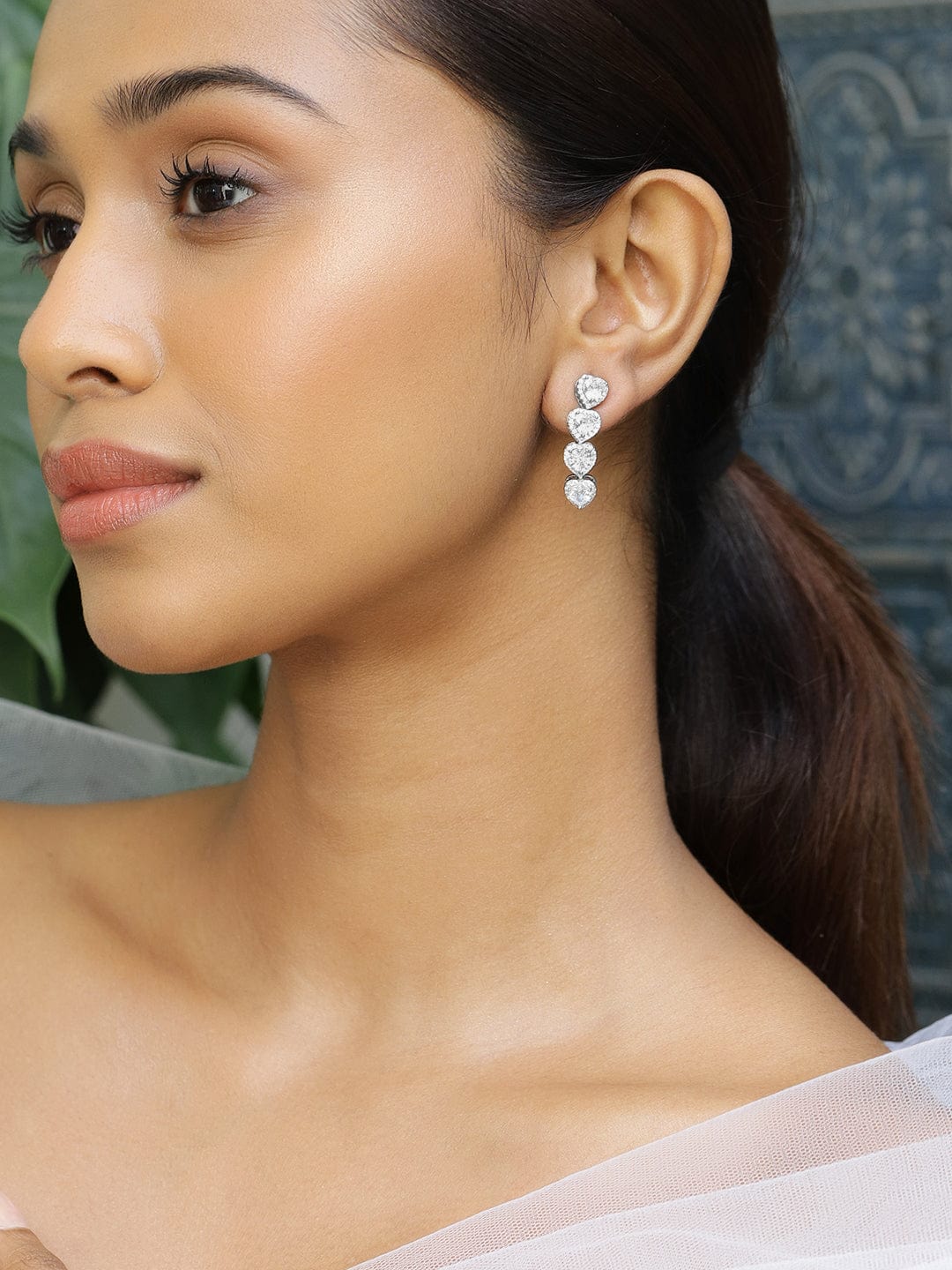 Rhodium-Plated Sparkling Cubic Zirconia Studded Heart-Shaped Premium Drop Earrings - Silver