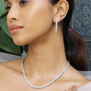 Rhodium-Plated Sparkling Cubic Zirconia Studded Tennis Statement Necklace Set