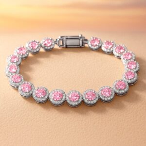 Rhodium Plated Sparkling pink round-cut Cubic Zirconia Studded Premium Tennis Bracelet - Silver
