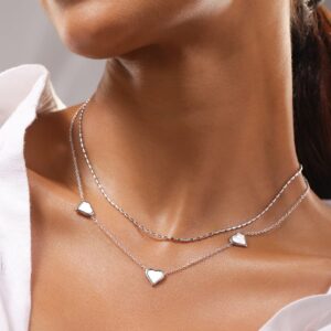 Rhodium-Plated Stainless Steel Tarnish-Free Waterproof Enamel Heart Layer Necklace - Silver