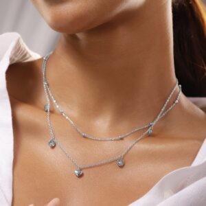 Rhodium-Plated StainlesSteel TarnishFree Waterproof DoubleLayer Heart & CZ Necklace - Silver