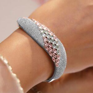 Rhodium-Plated Statement Bracelet with Pastel Pink & Green Stones, Cubic Zirconia Detailing