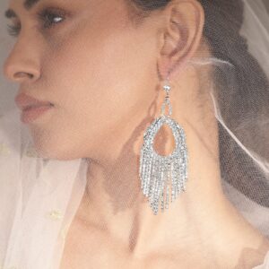 Rhodium-Plated Teardrop Crystal Dangle Earrings - SIlver