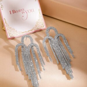 Rhodium-Plated Teardrop Crystal Tassel Drop Earrings - Silver